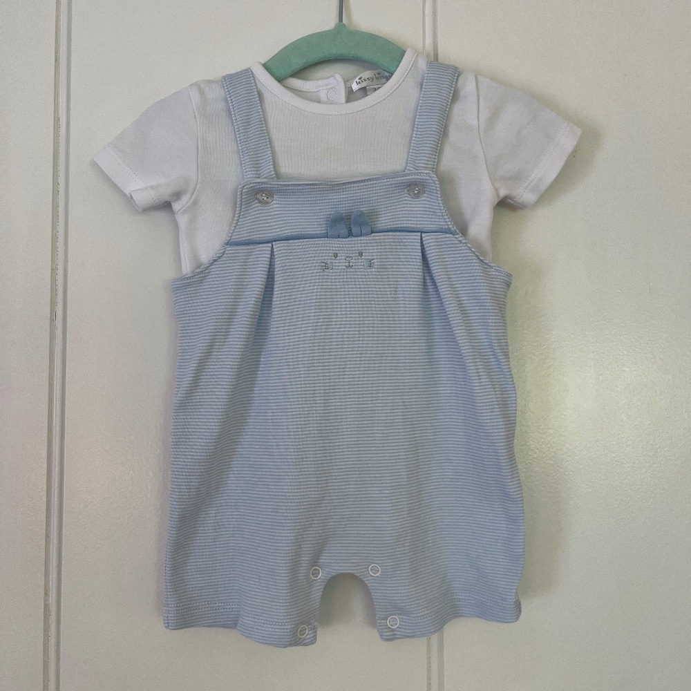 Perfect for Easter: Kissy Kissy Bunny Cottontail Hollows Blue Short Overall Set